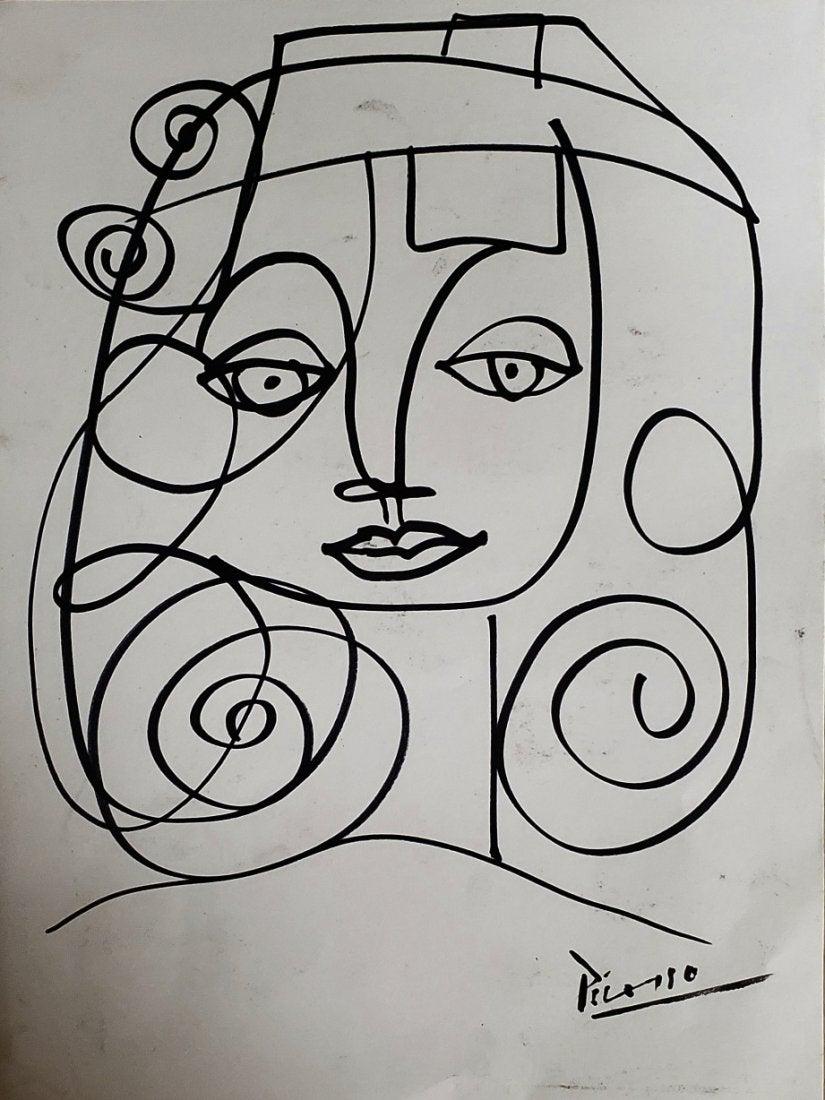 Pablo Picasso Drawing Cubist Spanish Women Art: This lot consists of a hand drawn ink on paper in the style of Pablo Picasso. The illustration depicts a female portrait in the famous cubism Period style. Pablo Picasso (25 October 1881-8 April 1973)