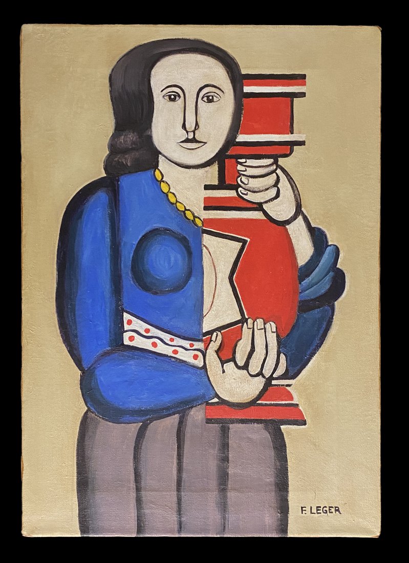 Fernand Leger French Cubist Oil Painting Canvas: This lot consists of a hand painted oil on canvas in the style of Fernand Leger. Fernand Henri leger (February 4, 1881 – August 17, 1955) was a French painter, sculptor, and filmmaker. In his early