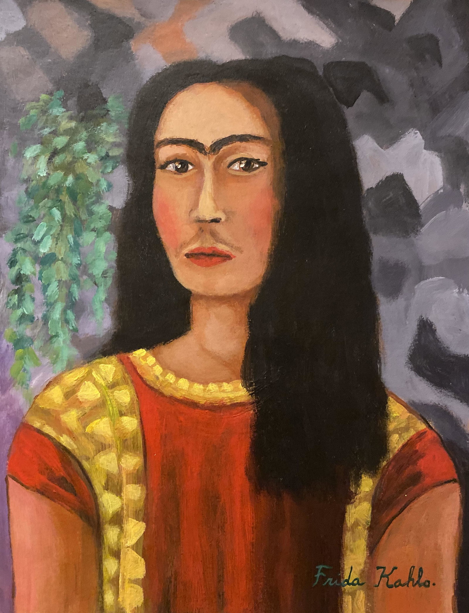 Frida Kahlo hand painted Mexican Art 1907-1950: This lot consists of a hand painted mixed media on paper in the naive folk style of Frida Kahlo. Frida Kahlo de Rivera was a Mexican painter known for her self-portraits. Kahlo\'s life began and ended