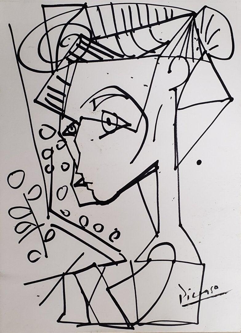 Pablo Picasso Drawing Cubist Spanish Art Cubsim French: This lot consists of a hand drawn ink on paper in the style of Pablo Picasso. The illustration depicts a female portrait in the famous cubism Period style. Pablo Picasso (25 October 1881-8 April 1973)