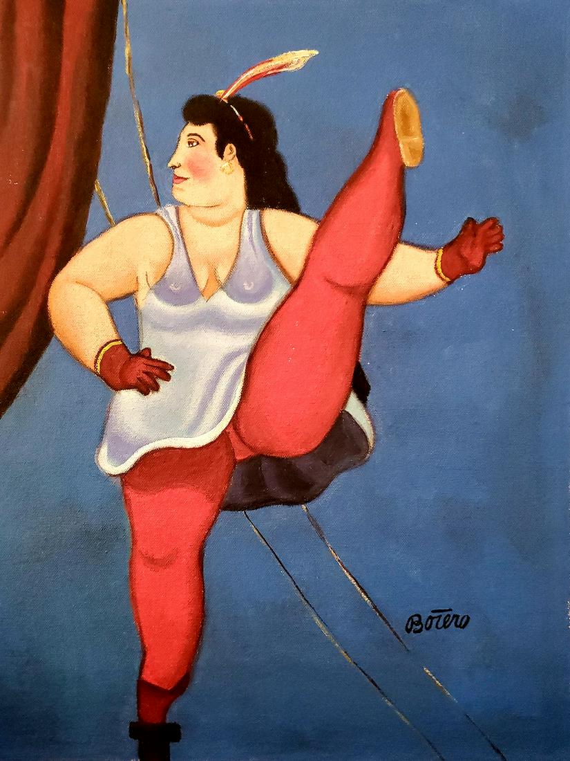 Fernando Botero Oil on Canvas Colombian Latin America: This lot consists of a hand painted oil on canvas in the style of Fernando Botero. The illustration depicts a woman in the popular -boterismo- style which consists of people and figures in large, exag