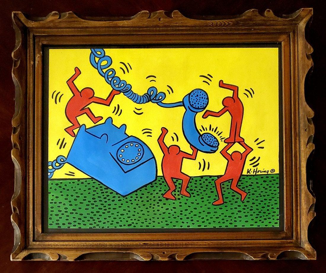 Keith haring Pop Art American Graffiti Painting: This lot consists of a medium hand-painted mixed media on paper in the style of Keith Haring (American, 1958-1990). Keith Haring was an American artist and social activist whose work responded to the
