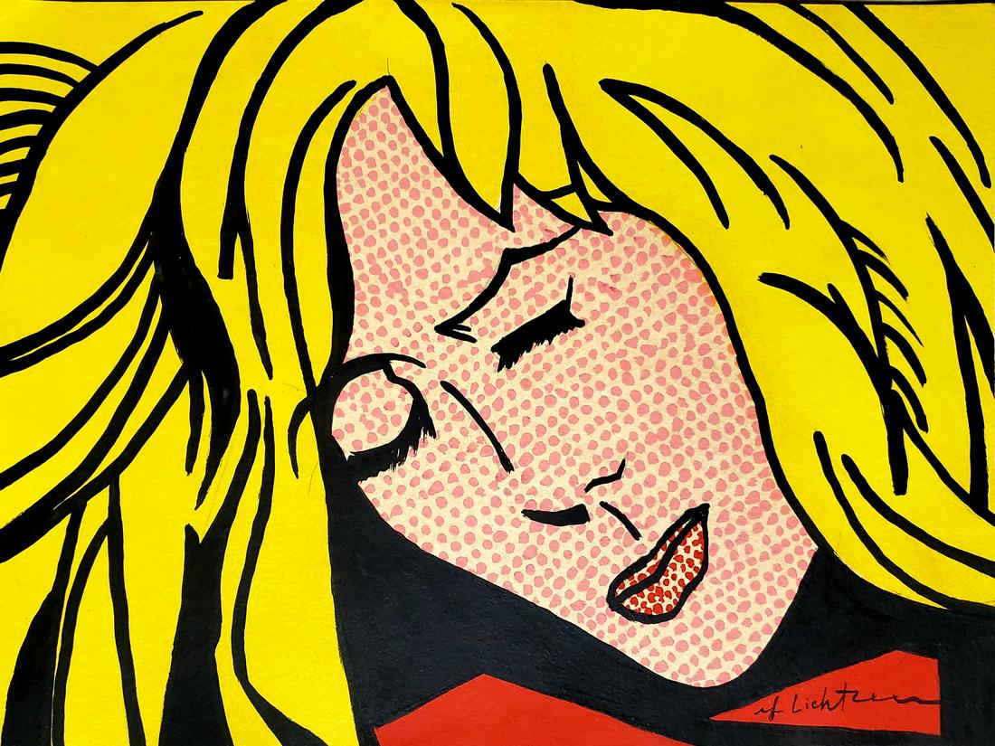 Roy Lichtenstein Pop Art American Women Female Oil.: This lot consists of a hand painted mixed media on hard paper pop art in the style of Roy Lichtenstein. Roy Fox Lichtenstein (October 27, 1923 - September 29, 1997) was an American pop artist. During 