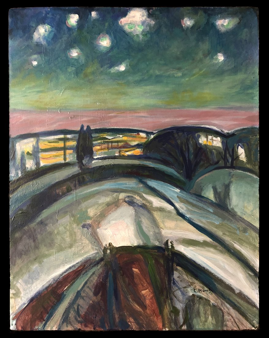 Edvard Munch Norwegian Expressionism Oil Style of: This lot consists of a hand painted oil on canvas in the style of Edvard Munch. Edvard Munch (12 December 1863 – 23 January 1944) was a Norwegian painter. His best known work, The Scream, has become