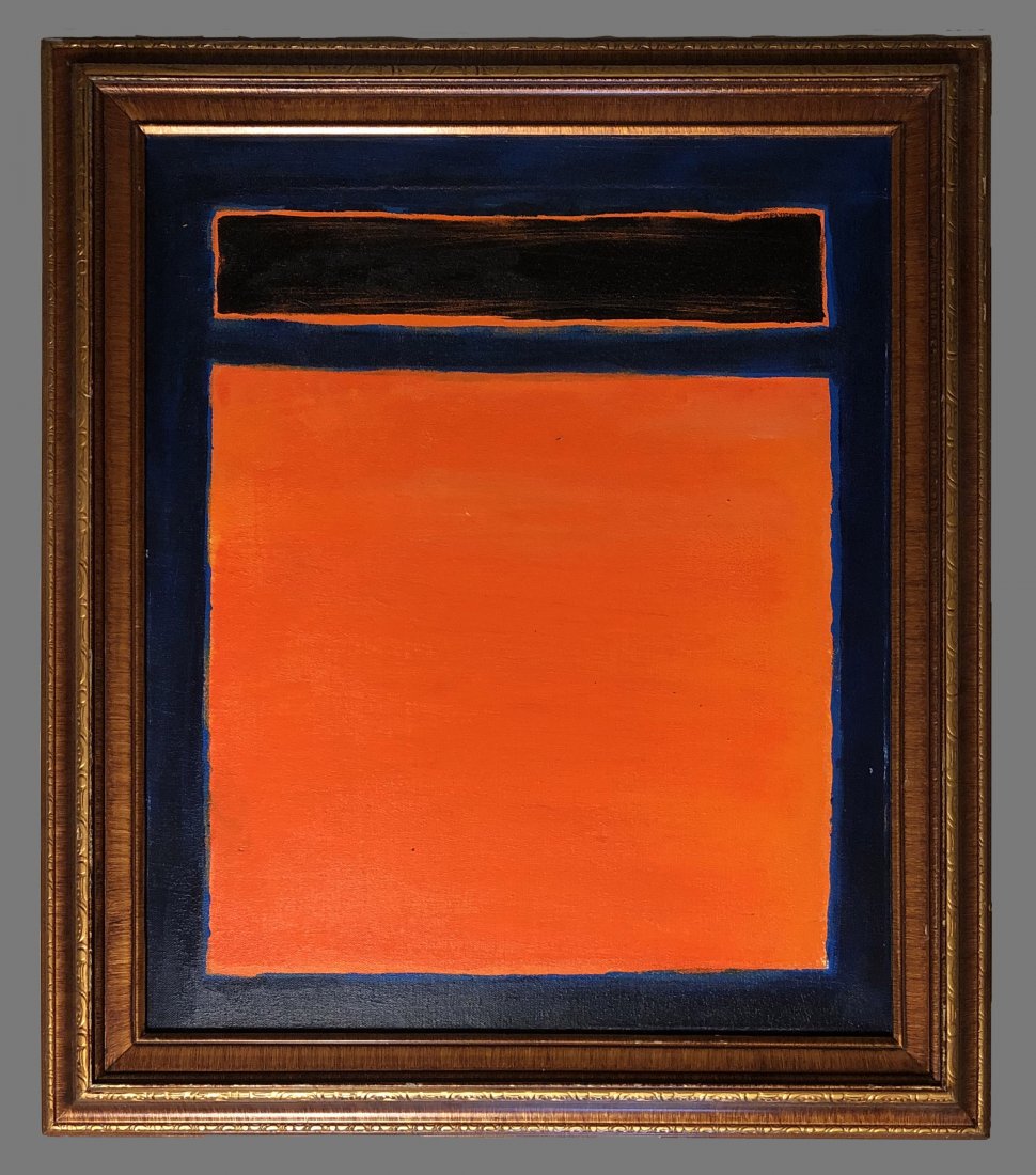 Mark Rothko American Abstract Expressionist Oil: This work consists of a hand painted oil on canvas. Image depicts soft, rectangular forms floating on a stained field of color. This painting is done in the style of Mark Rothko(Russian American, 1844
