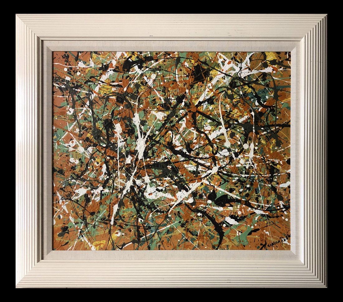 Jackson Pollock Abstract Expressionism Oil Canvas: This lot consists of a oil on canvas painting. Done in the prevailing, abstract expressionist style of Jackson Pollock (American, 1912-1956). Paul Jackson Pollock was an American painter and a major f