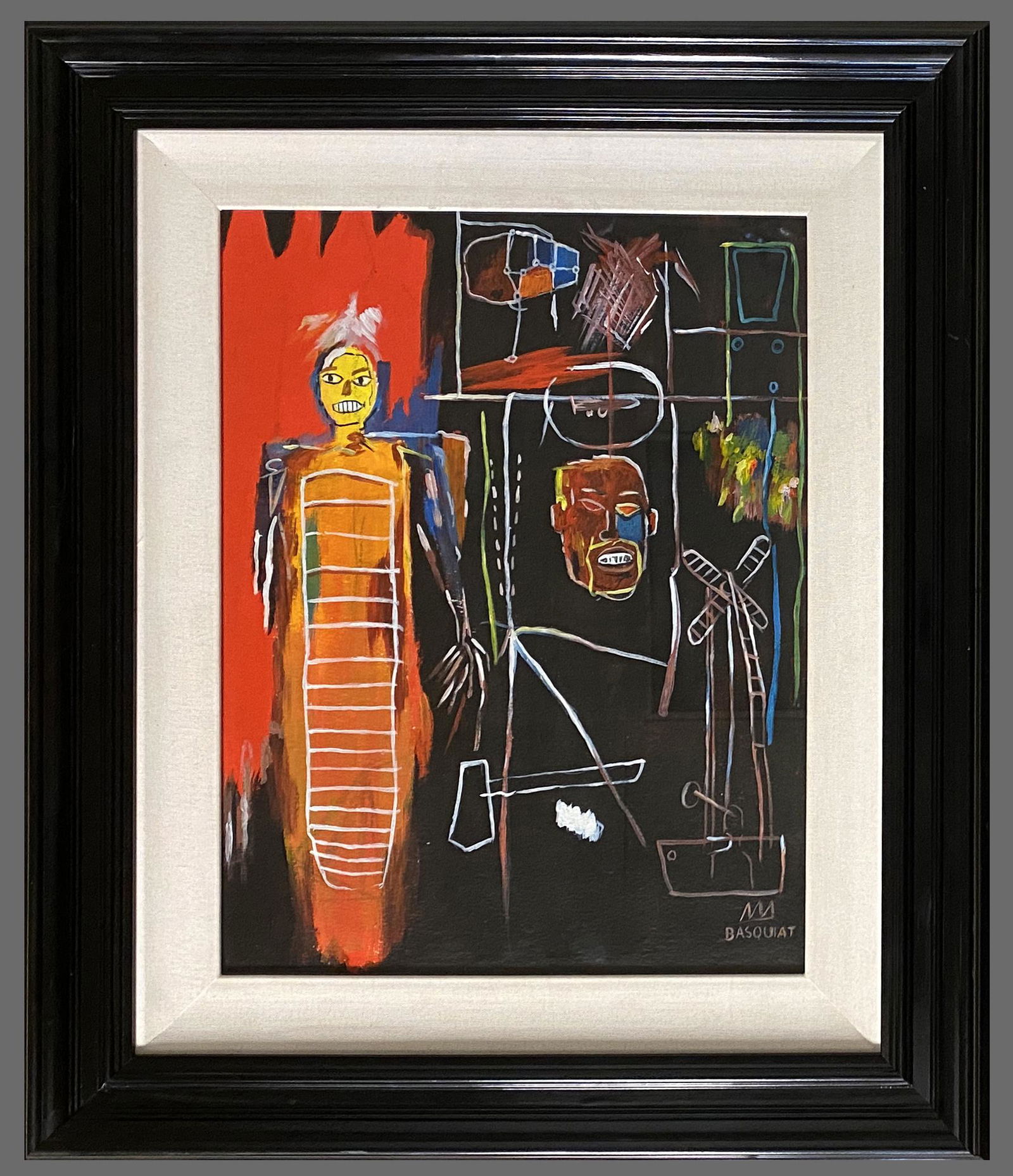 Jean-Michel Basquiat Graffiti Abstract Expressionist: This lot consists of a hand-painted mixed media on paper in the style of Jean-Michel Basquiat (American, 1960-1988). Jean Michel Basquiat was an American artist. Born in Brooklyn to a Haitian father a