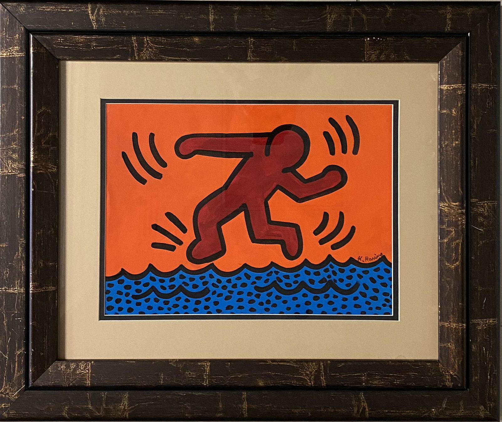 Keith haring Pop Art American Graffiti Painting Style o: This lot consists of a hand-painted mixed media on paper in the style of Keith Haring (American, 1958-1990). Keith Haring was an American artist and social activist whose work responded to the New Yor