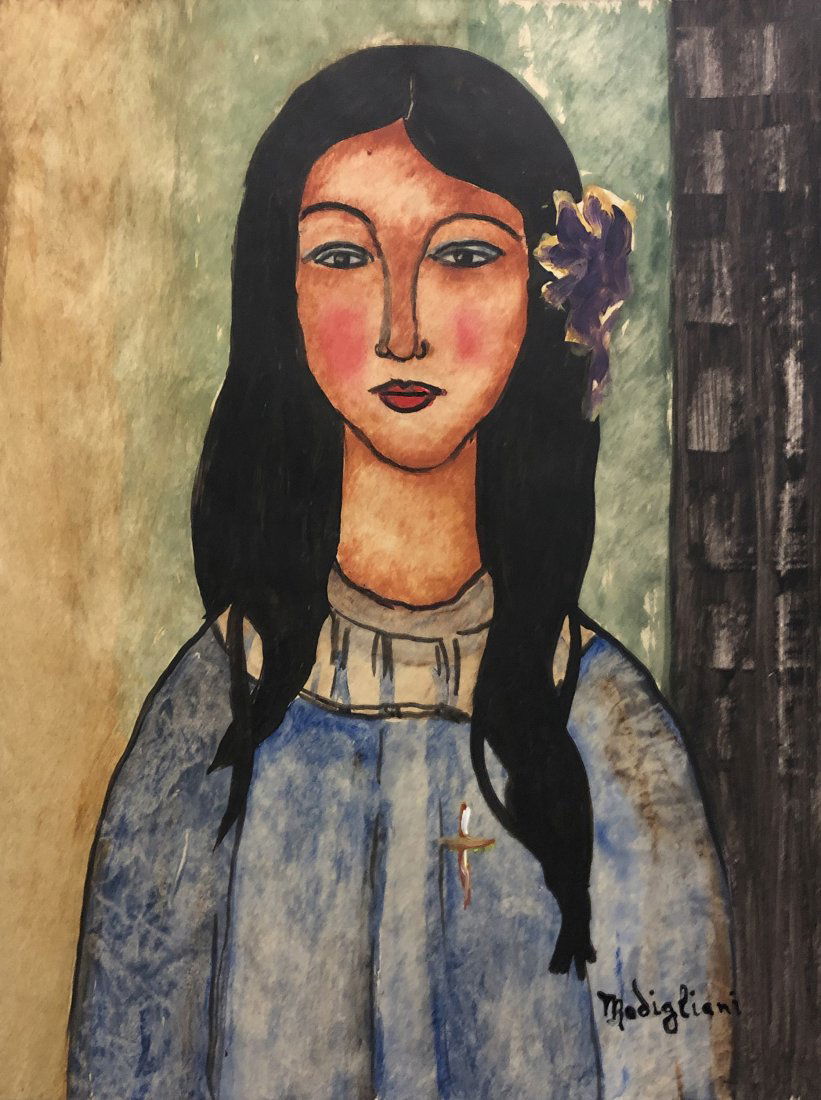 Amedeo Modigliani Portrait Women Italy Oil: This lot consists of a hand painted mixed media on canvas in style of Amedeo Modigliani. The painting depicts a women portrait elongated with a lot of texture and symbols in the background of the canv