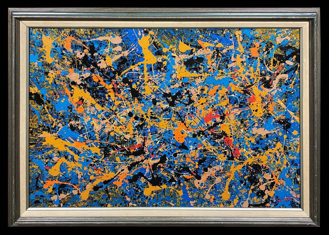 Jackson Pollock Abstract Expressionism Oil Canvas LARGE: This lot consists of a oil on canvas painting. Done in the prevailing, abstract expressionist style of Jackson Pollock (American, 1912-1956). Paul Jackson Pollock was an American painter and a major f