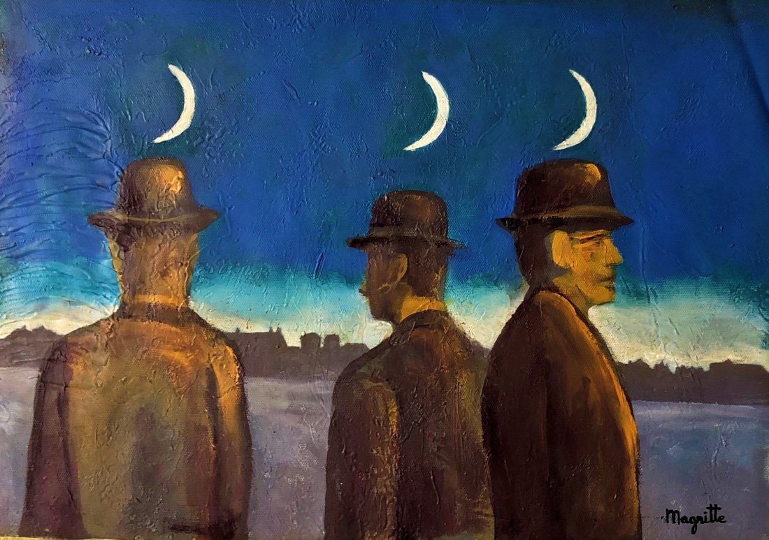Rene Magritte Surrealist Hat Gentleman: This lot consists of a hand painted oil on canvas surrealist landscape in the style of Rene Magritte.Rene Francois Ghislain Magritte (21 November 1898 -15 August 1967) was a Belgian surrealist artist.