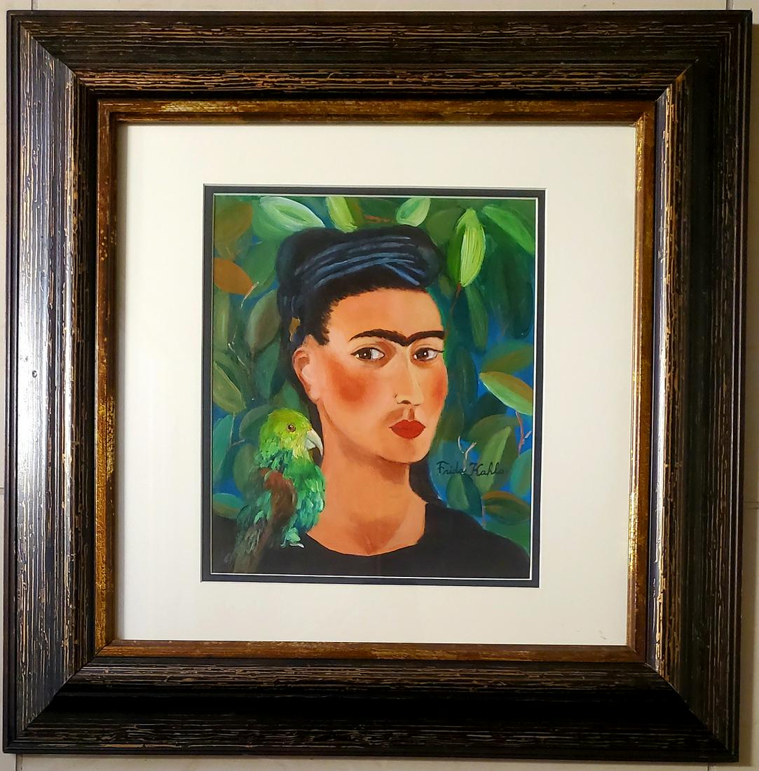 Frida Kahlo hand painted Mexican Art Oil Painting: This lot consists of a hand painted mixed media on hard paper in the naive folk style of Frida Kahlo. Frida Kahlo de Rivera was a Mexican painter known for her self-portraits. Kahlo's life began and e