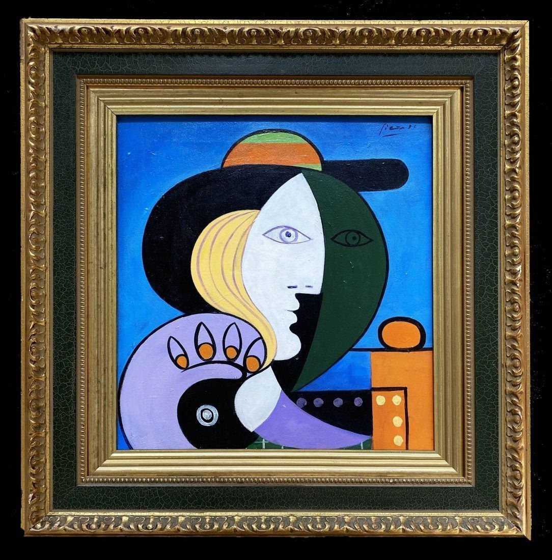 Pablo Picasso Spanish Cubism Female Portrait Abstract: This lot consists of a hand painted oil on canvas in the style of Pablo Picasso. The illustration depicts the figure of a woman in the famous cubism style. In the painting we can see how the artist us