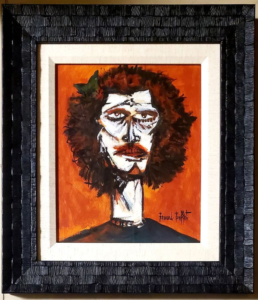 Bernard Buffet Expressionist French Clown Painting: This work consists of a hand-painted mixed media on paper in the style of Bernard Buffet(French, 1928-1999). Bernard Buffet was a French painter of Expressionism and a member of the anti-abstract art