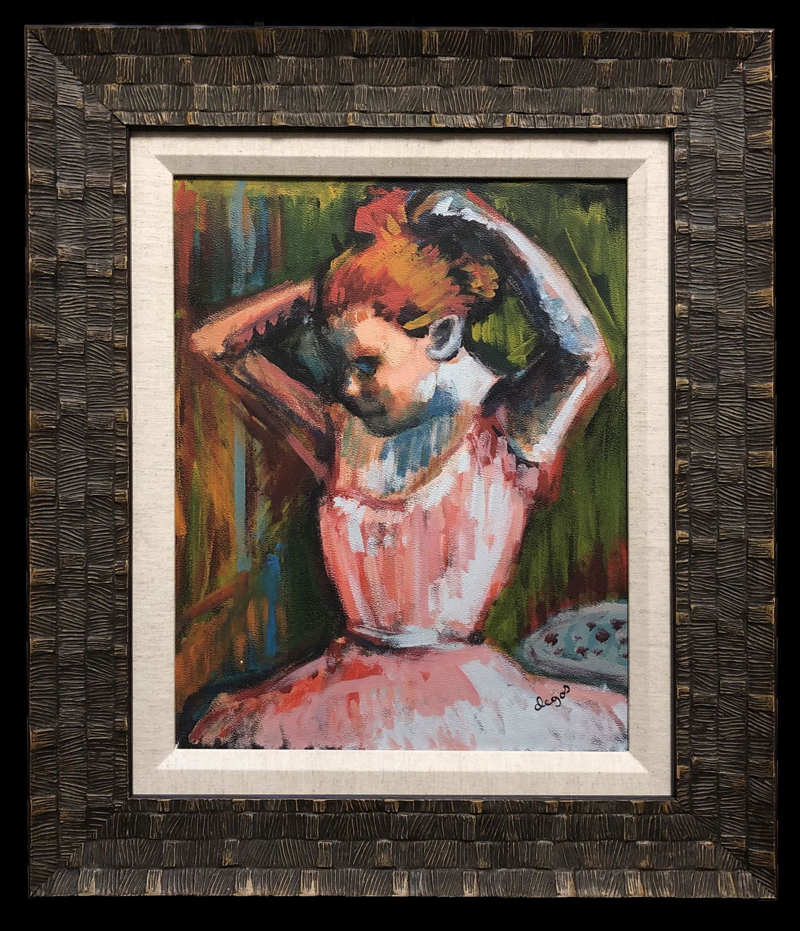 Edgar Degas Ballerina Dancer Impressionist Oil: This lot consists of an oil on hard panel in the style of Edgar Degas. Edgar Degas was born Hilaire-Germain-Edgar De Gas. He was a French artist famous for his paintings, sculptures, prints, and drawi