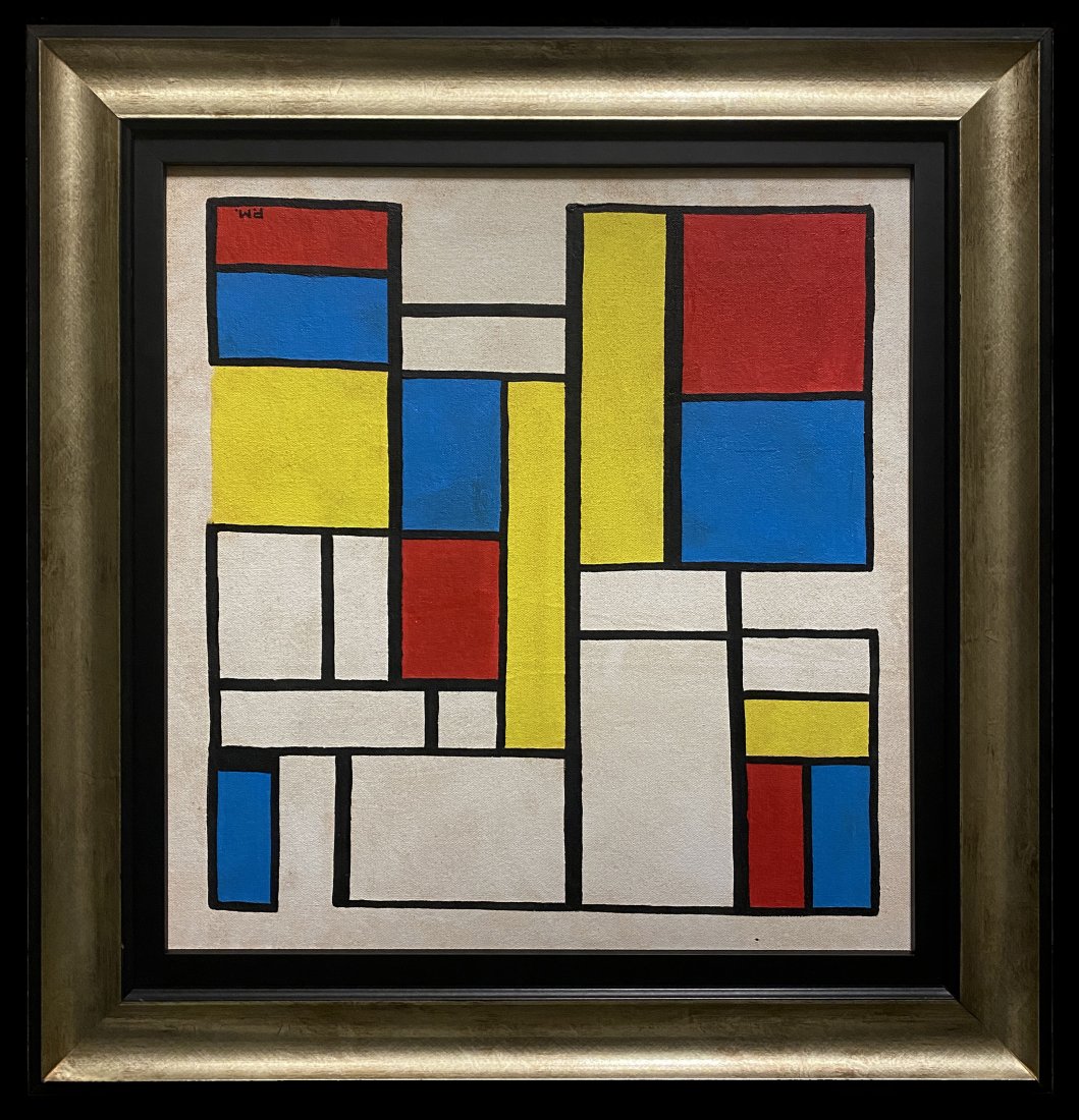 PM Piet Mondrian Painting Geometric Dutch Oil canvas: This lot consists of a hand painted oil on canvas in the style of Piet Mondrian (American, 1960-1988).The painting bears a signature in the lower right corner. Mondrian was a Dutch painter and was a c