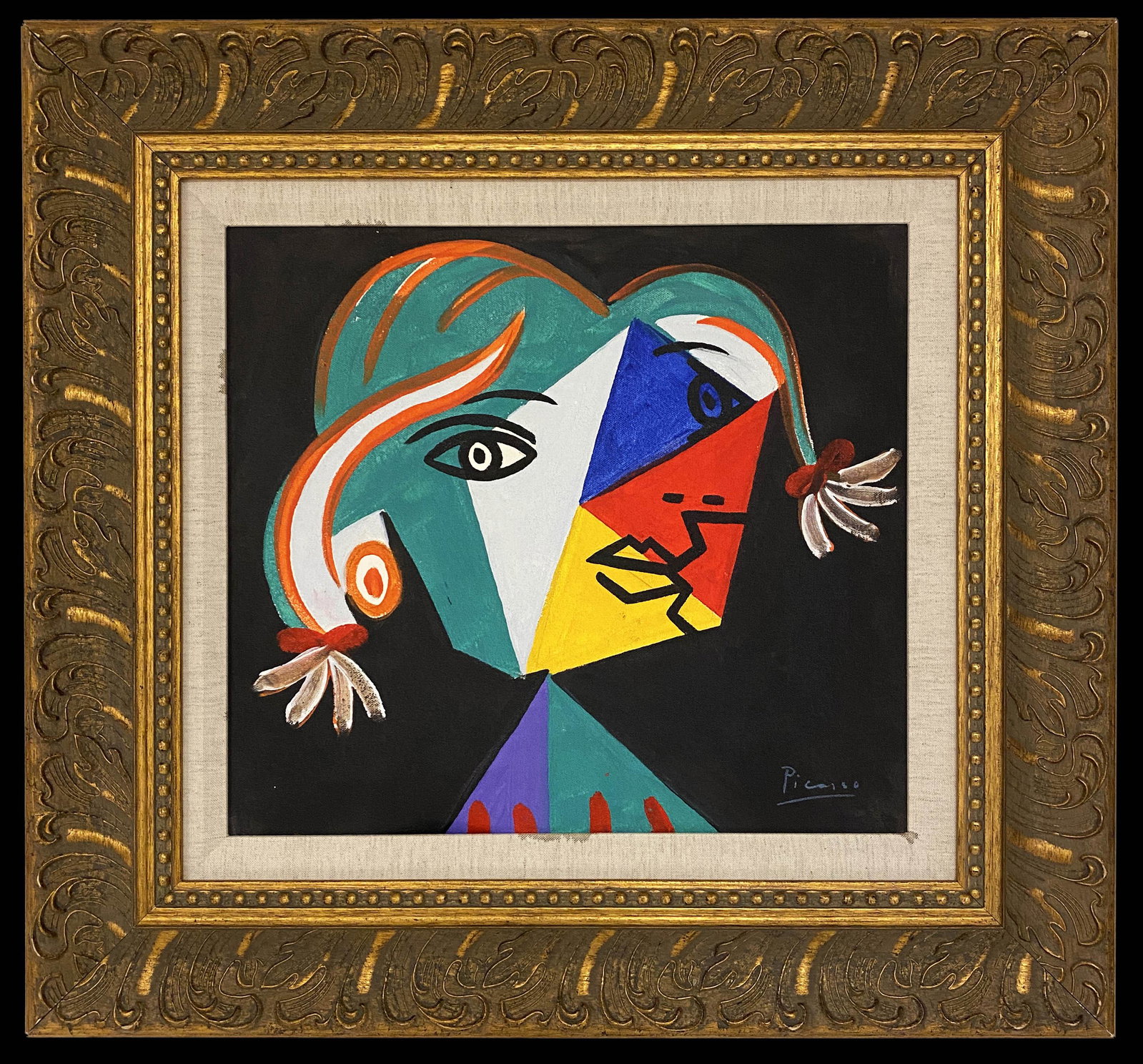 Pablo Picasso Spanish Cubist Figure Oil on Canvas: This lot consists of a hand painted Oil on canvas in the style of Pablo Picasso. The illustration depicts the figure of a woman in the famous cubism style. Pablo Picasso (25 October 1881-8 April 1973)