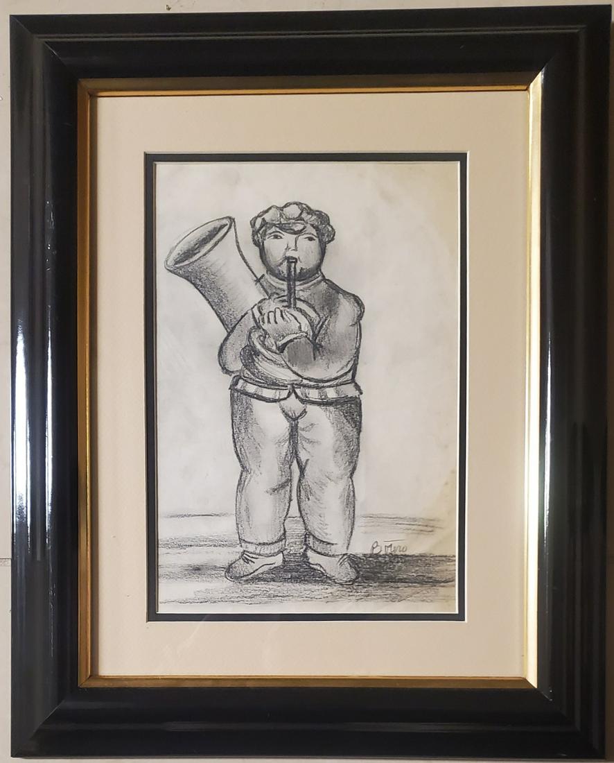 Fernando Botero Drawing Graphite Colombian Musicican: This lot consists of a hand painted mixed media on paper in the style of Fernando Botero. The illustration depicts a woman in the popular -boterismo- style which consists of people and figures in larg