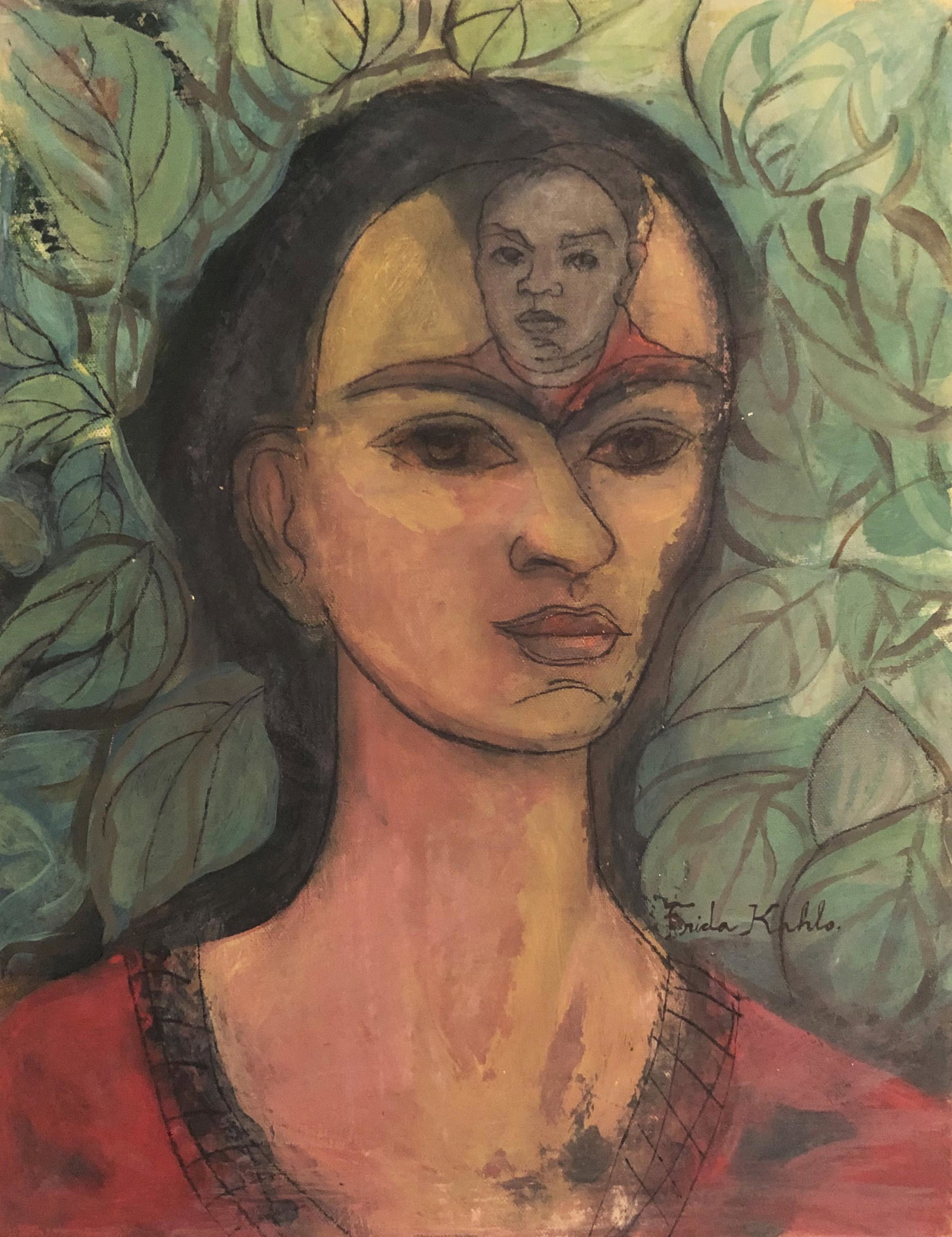 Frida Kahlo Portrait Mexican Art (1907-1954): This lot consists of a hand painted mixed media on mansonite in the naive folk style of Frida Kahlo. Frida Kahlo de Rivera was a Mexican painter known for her self-portraits. Kahlo's life began and en