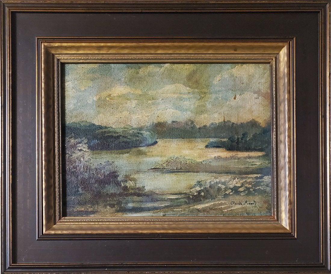 Claude Monet Landscape Seascape Impressionist French: This lot consists of hand painted impressionism oil on hard board in the style of Claude Monet. The illustration depicts a beautiful woman landscape in the artist's distinct style. Oscar Claude Monet