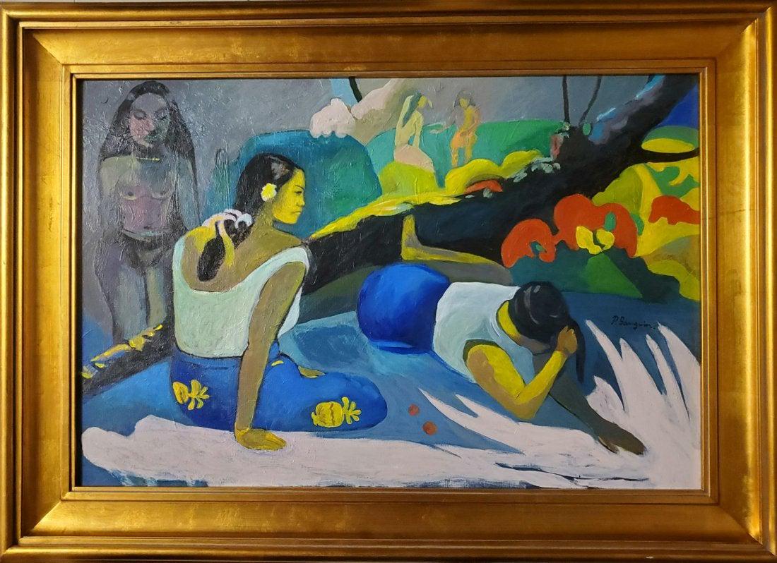Paul Gauguin Landscape Women Female French Art Oil Larg: This lot consists of a hand-painted oil on canvas. It depicts a beautiful impressionist landscape painting in Gauguin's distinct style. In the style of: Henri Paul Gauguin (7 June 1848 - 8 May 1903) w