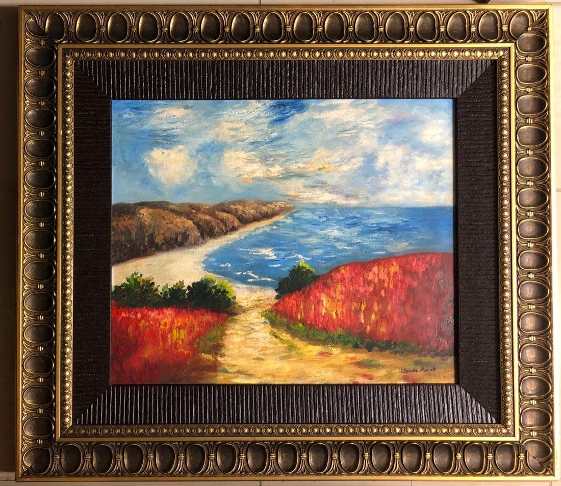 Claude Monet Landscape Impressionist Oil Canvas Large: This lot consists of hand painted impressionism oil on canvas in the style of Claude Monet. The illustration depicts a beautiful seascape landscape in the artist's distinct style. Oscar Claude Monet (