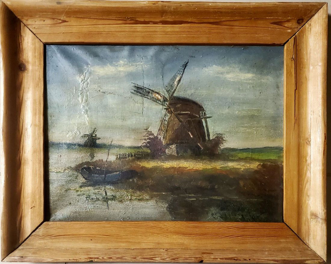 Claude Monet Landscape Moulin Oil French Impressionist: This lot consists of hand painted impressionism oil on canvas in the style of Claude Monet. The illustration depicts a beautiful seascape landscape Moulin in the artist's distinct style. Oscar Claude
