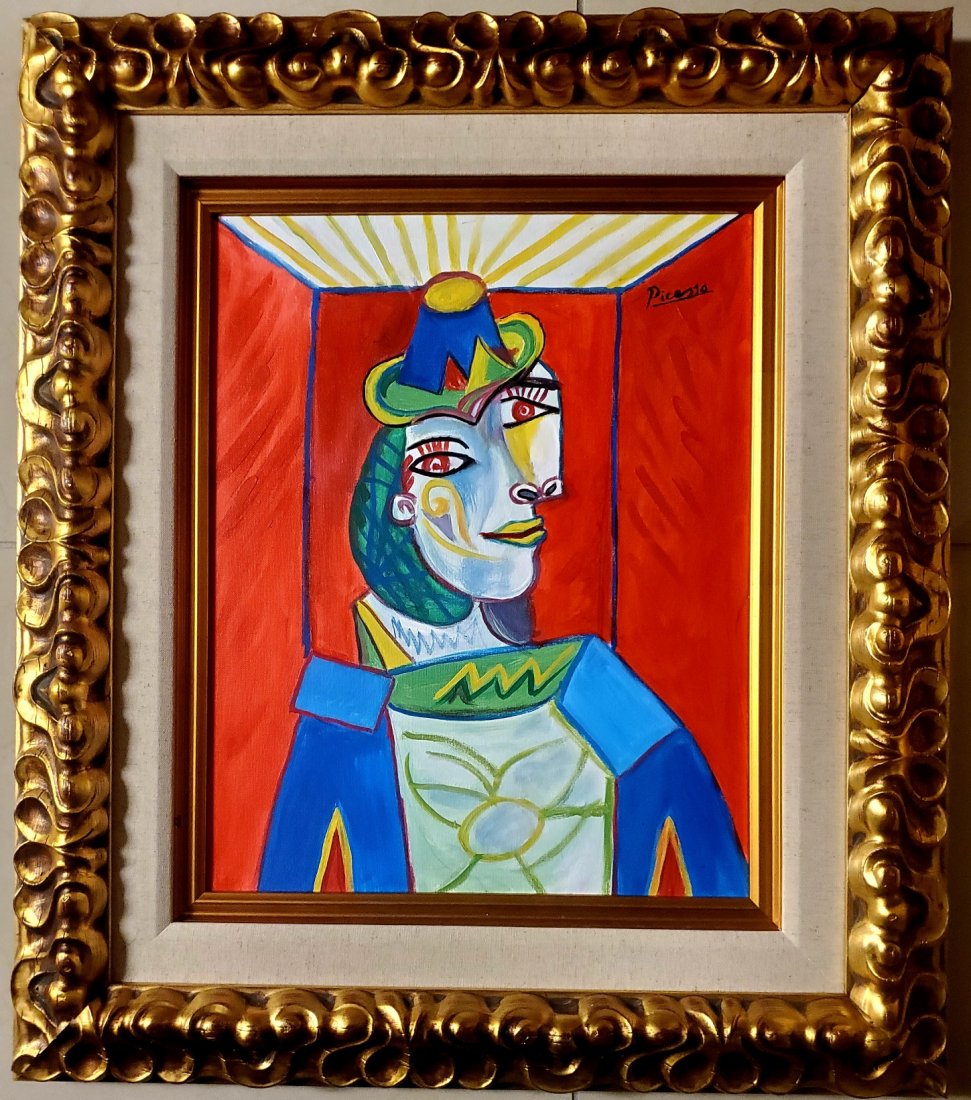 Pablo Picasso Oil Canvas Women Female Portrait Cubist: This lot consists of a hand painted oil on canvas in the style of Pablo Picasso. The illustration depicts the figure of a woman in the famous cubism style. In the painting we can see how the artist us