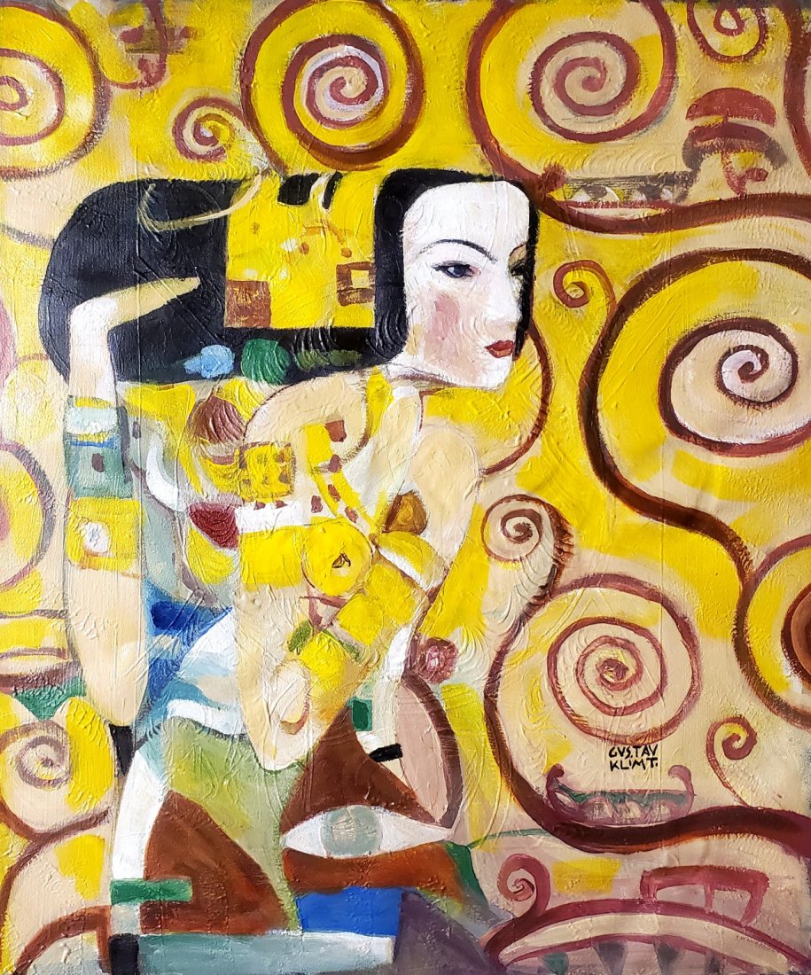 Gustav Klimt Austrian Women Female Oil Canvas: This lot consists of a hand-painted oil on canvas in the style of Gustav Klimt. It depicts a beautiful portrait of a women. Gustav Klimt(Austrian. 1862-1918) was an Austrian symbolist painter and one 