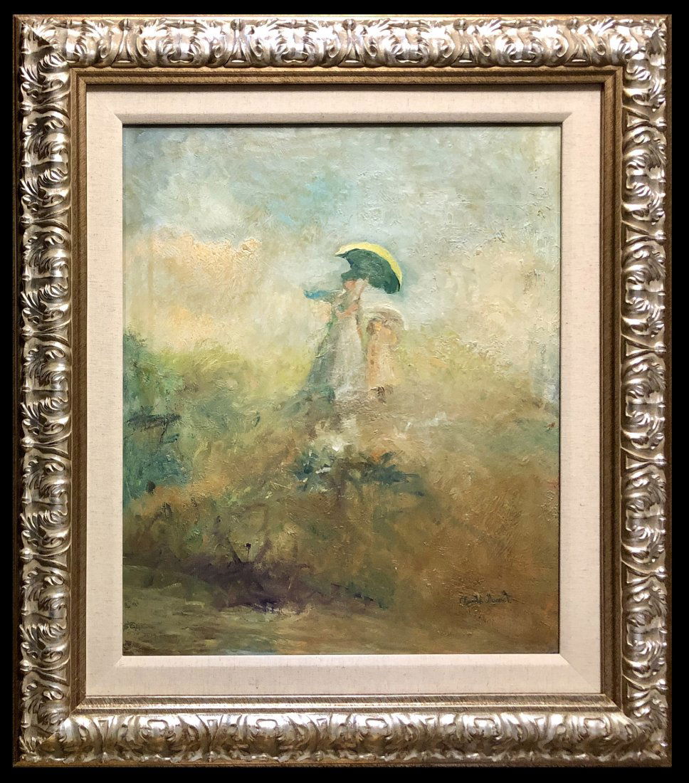 Claude Monet Landscape Women Umbrella French Oil Canvas: This lot consists of hand painted landscape oil on canvas in the impressionist style of Claude Monet. The illustration depicts a landscape garden and a women with umbrella. Oscar Claude Monet (14 Nove
