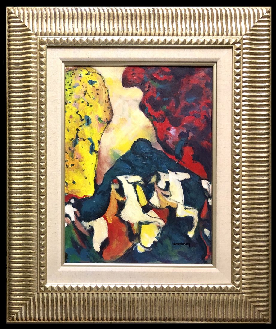 Wassily Kandinsky Russian Abstract Lansdacape Oil Canv: This lot consists of a hand painted oil on canvas in the style of Wassily Kandinsky. The illustration depicts an abstract landscape colorful painting. Wassily Kandinsky (1866Â– 1944) was a Russian 