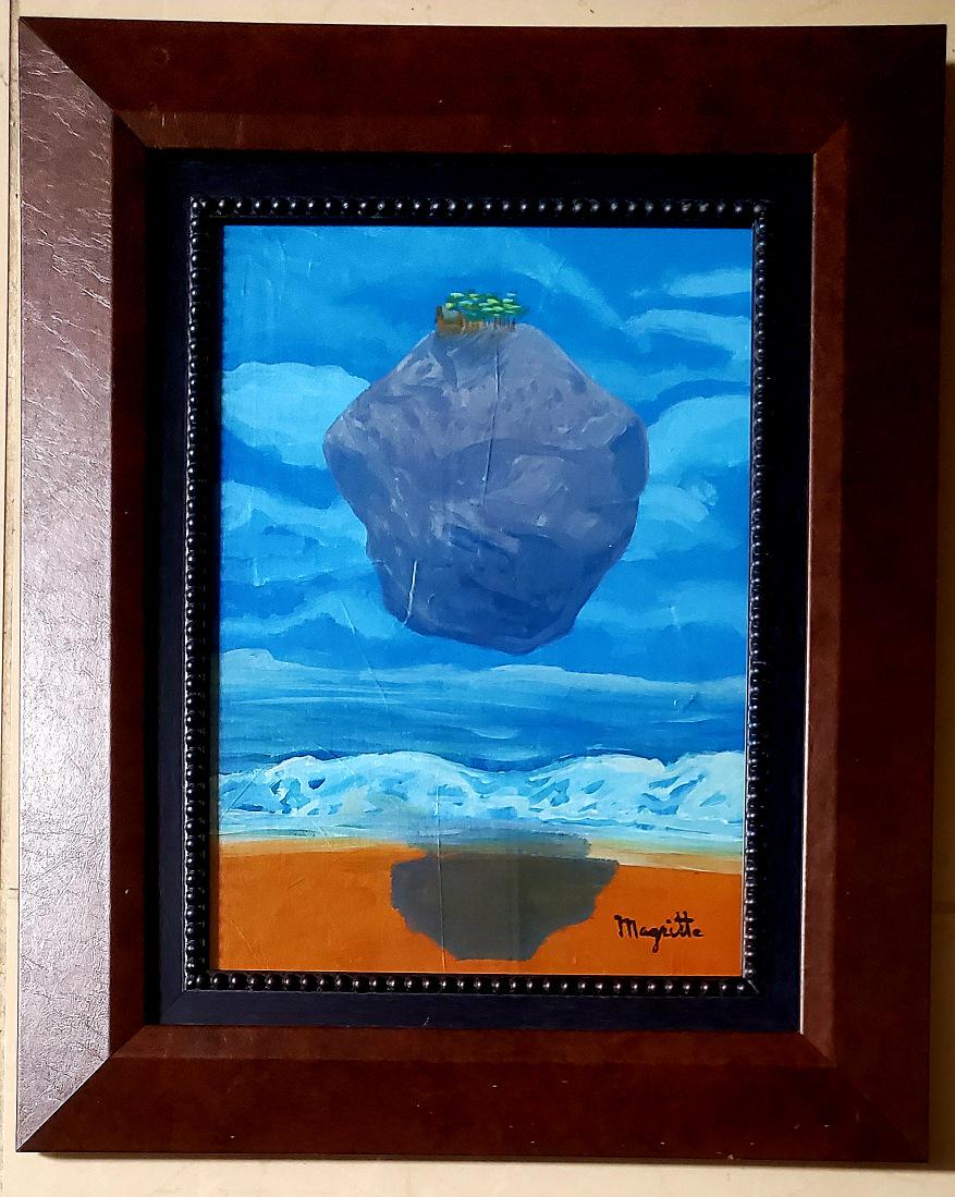 Rene Magritte Surrealist Surrealist Landscape Belgian: This lot consists of a hand painted oil on hard board surrealist landscape in the style of Rene Magritte. Rene Francois Ghislain Magritte (21 November 1898 -15 August 1967) was a Belgian surrealist ar