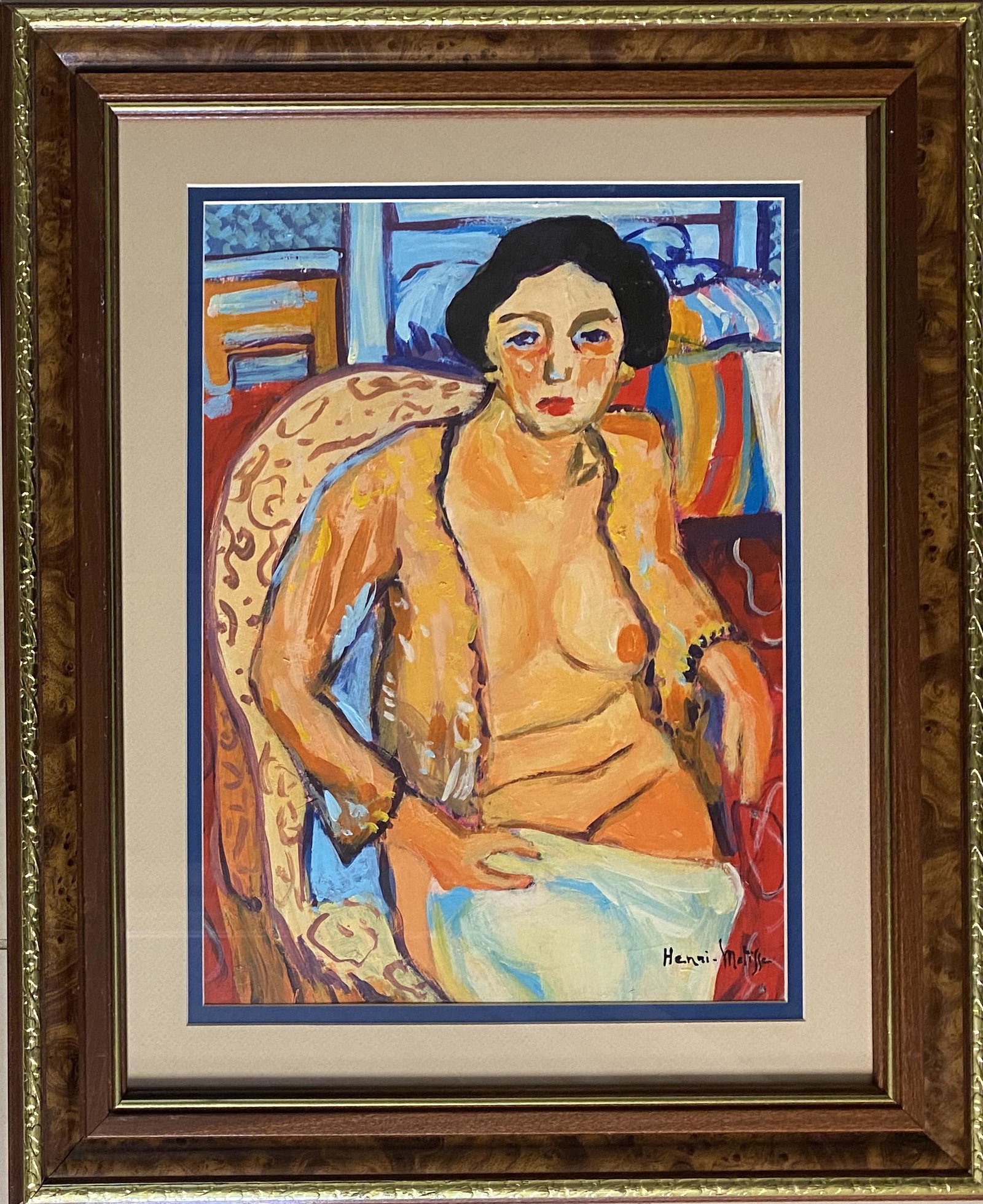 Henri Matisse French Nude Interior Mixed Media: The lot consist of a hand-painted mixed media nude interior in the style of Henri Matisse. Henri Matisse (French, 1869-1954) was a French artist, known for both his use of colour and his fluid and ori