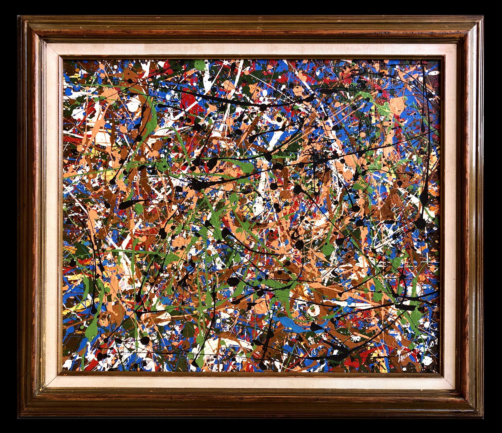 Jackson Pollock Abstract Expressionism 1950 Oil Canvas: This lot consists of an oil painting on canvas. Done in the prevailing, abstract expressionist style of Jackson Pollock (American, 1912-1956). Paul Jackson Pollock was an American painter and a major