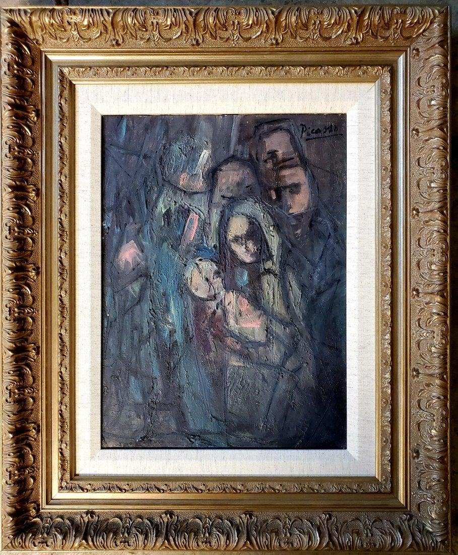 Pablo Picasso Spanish Cubism Family Blue Period Canvas: This lot consists of a hand painted Oil on canvas in the style of Pablo Picasso. The illustration depicts a family in the famous cubism style. Pablo Picasso (25 October 1881-8 April 1973) was a Spanis
