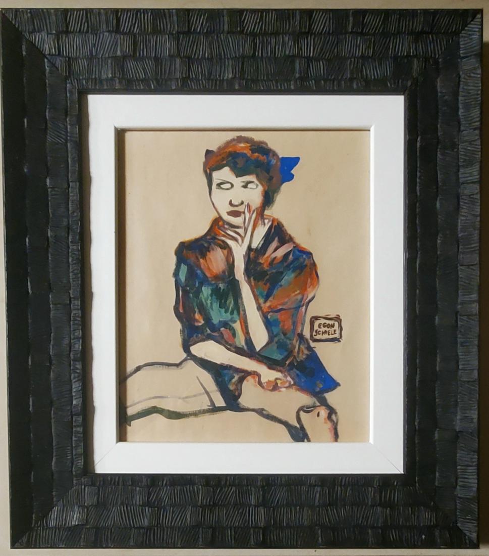 Egon Schiele Austrian Nude Women Female Painting: This lot consists of a hand painted mixed media on paper in the style of Egon Schiele. Egon Schiele (12 June 1890 - 31 October 1918) was an Austrian painter. A protege of Gustav Klimt, Schiele was a m