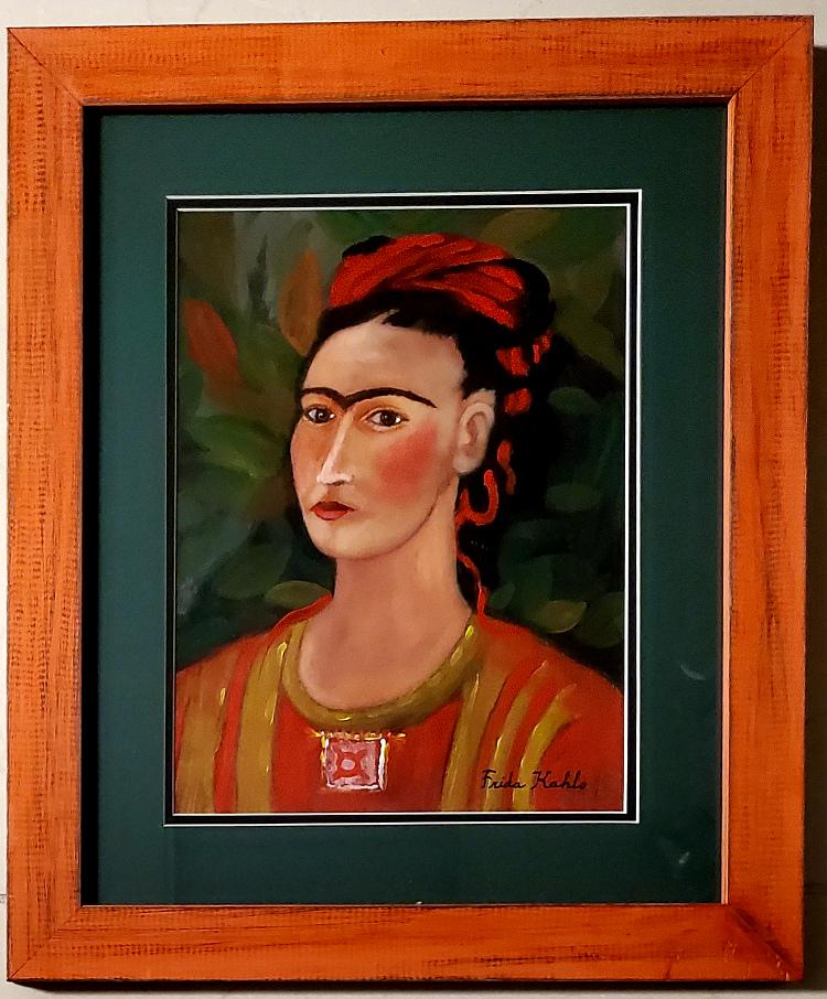 Frida Kahlo hand painted Mexican Art Oil Painting: This lot consists of a hand painted mixed media on hard paper in the naive folk style of Frida Kahlo. Frida Kahlo de Rivera was a Mexican painter known for her self-portraits. Kahlo's life began and e