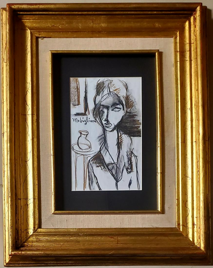 Amadeo Modigliani Women Interior Drawing Italy Painting: This lot consists of a hand drawn mixed media on paper in the style of Amedeo Modigliani. It is the portrait of a female. Amadeo Modigliani (July 1884 - 24 January 1920) was an Italian Jewish painter