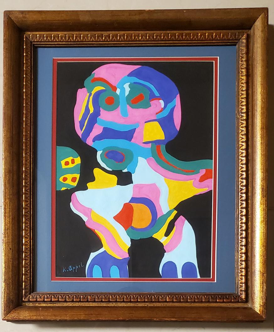 Karel Appel Abstract Figurative Dutch Avant-Garde Art: This lot consists of a hand-painted abstract figurative Figure mixed media on hard paper in the style of Christiaan Karel Appel (pronounced [ˈkrɪstijaːn ˈkaːrəl ˈ