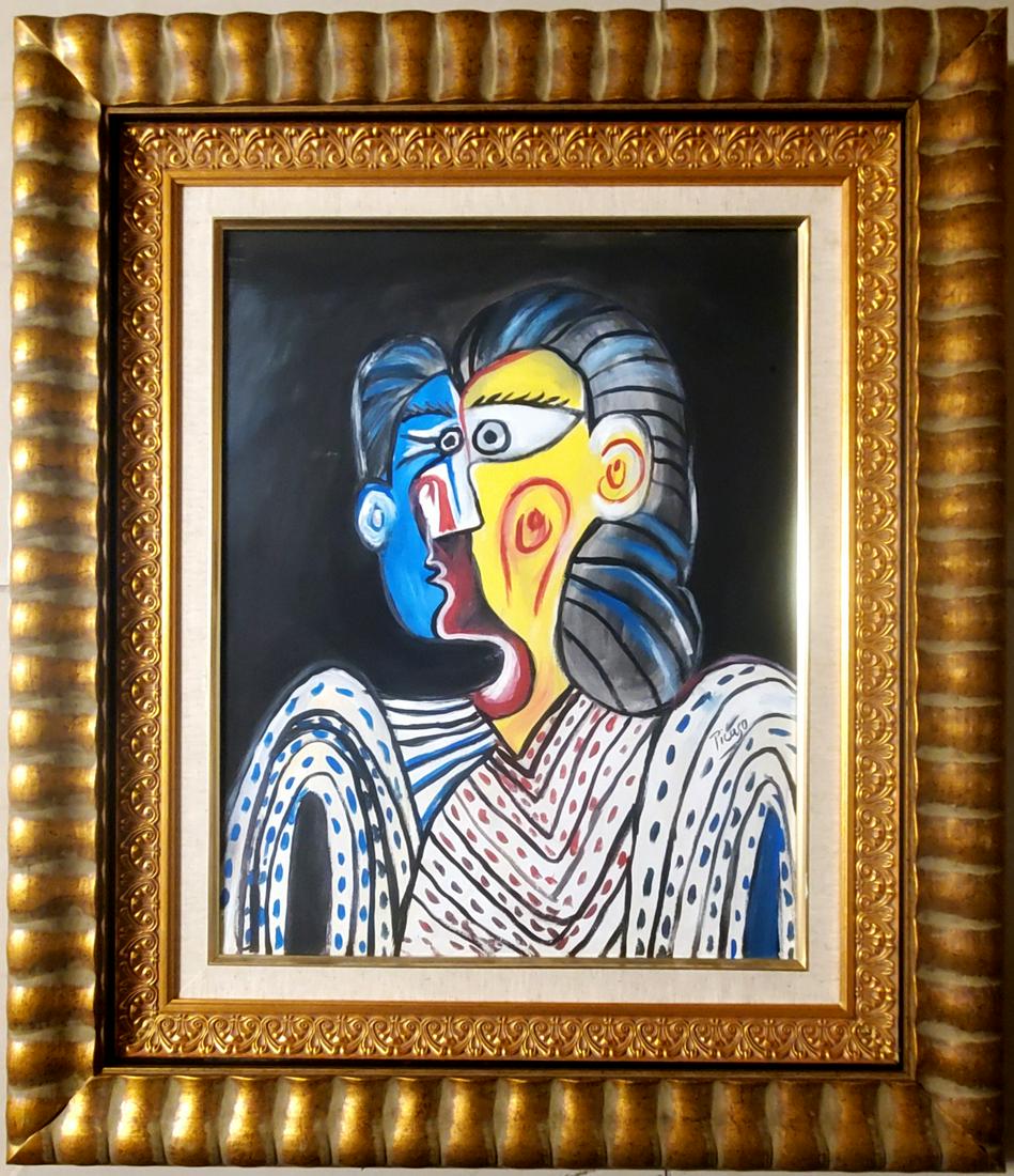 Pablo Picasso Spanish Cubism Female Portrait Cubist Oil: This lot consists of a hand painted oil on canvas in the style of Pablo Picasso. The illustration depicts the figure of a woman in the famous cubism style. In the painting we can see how the artist us