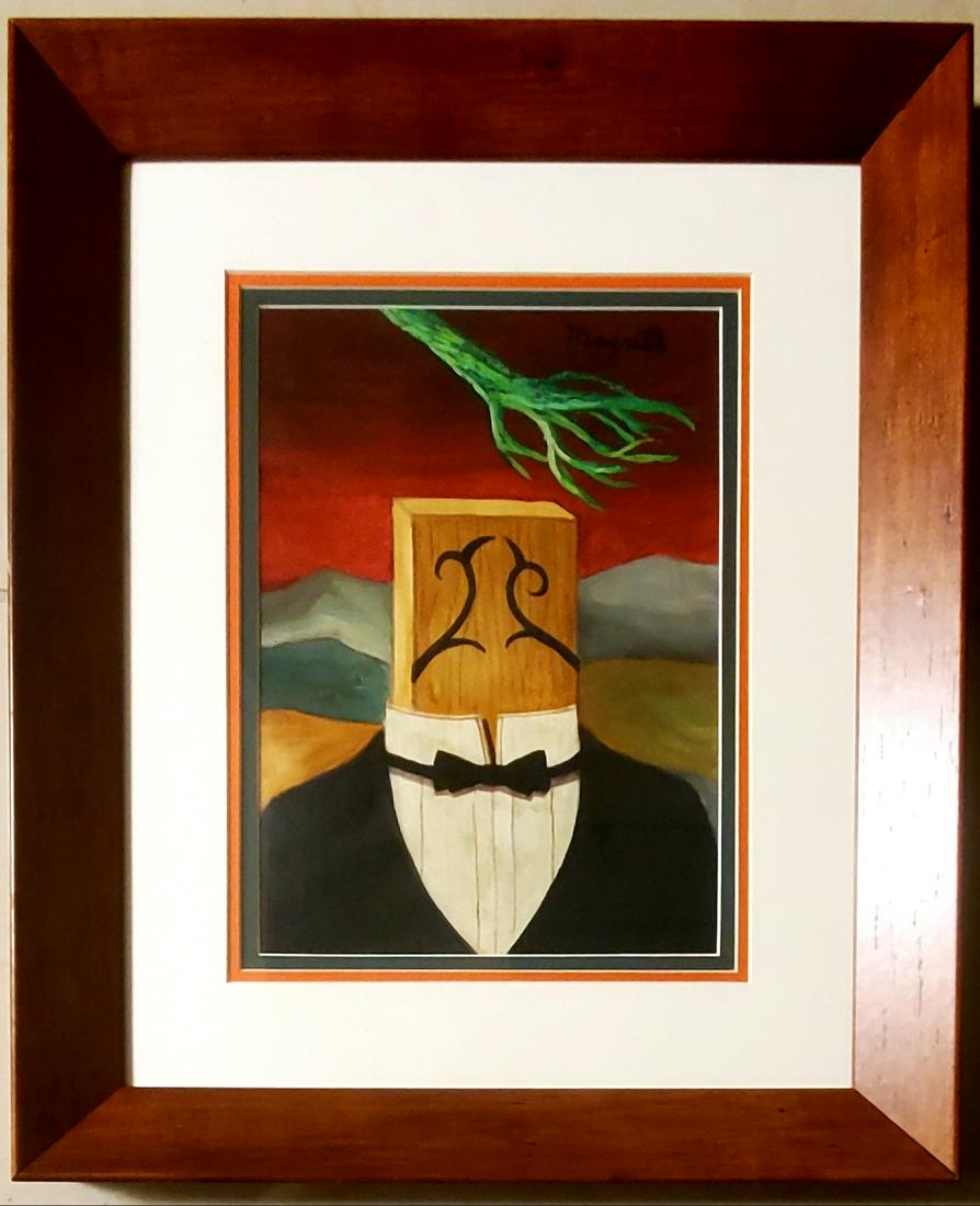 Rene Magritte Surrealist Male Gentleman Man Portrait: This lot consists of a hand painted mixed media board surrealist portrait the style of Rene Magritte. T Rene Franois Ghislain Magritte (21 November 1898 -15 August 1967) was a Belgian surrealist artis