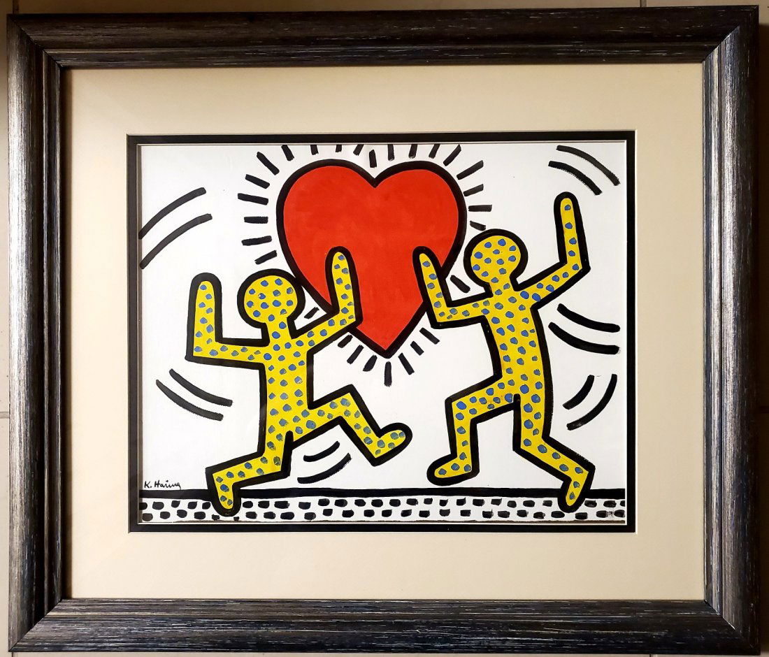 Keith Haring Painting American Pop New York Love Art: This lot consists of a hand-painted mixed media on hard paper in the style of Keith Haring (American, 1958-1990). Keith Haring was an American artist and social activist whose work responded to the Ne