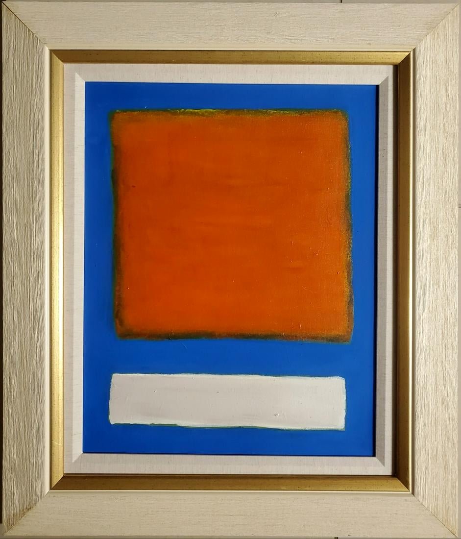 Mark Rothko American Abstract Expressionist Oil Canvas: This work consists of a hand painted oil on canvas illustration. Image depicts soft, rectangular forms floating on a stained field of color. This painting is done in the style of Mark Rothko(Russian A