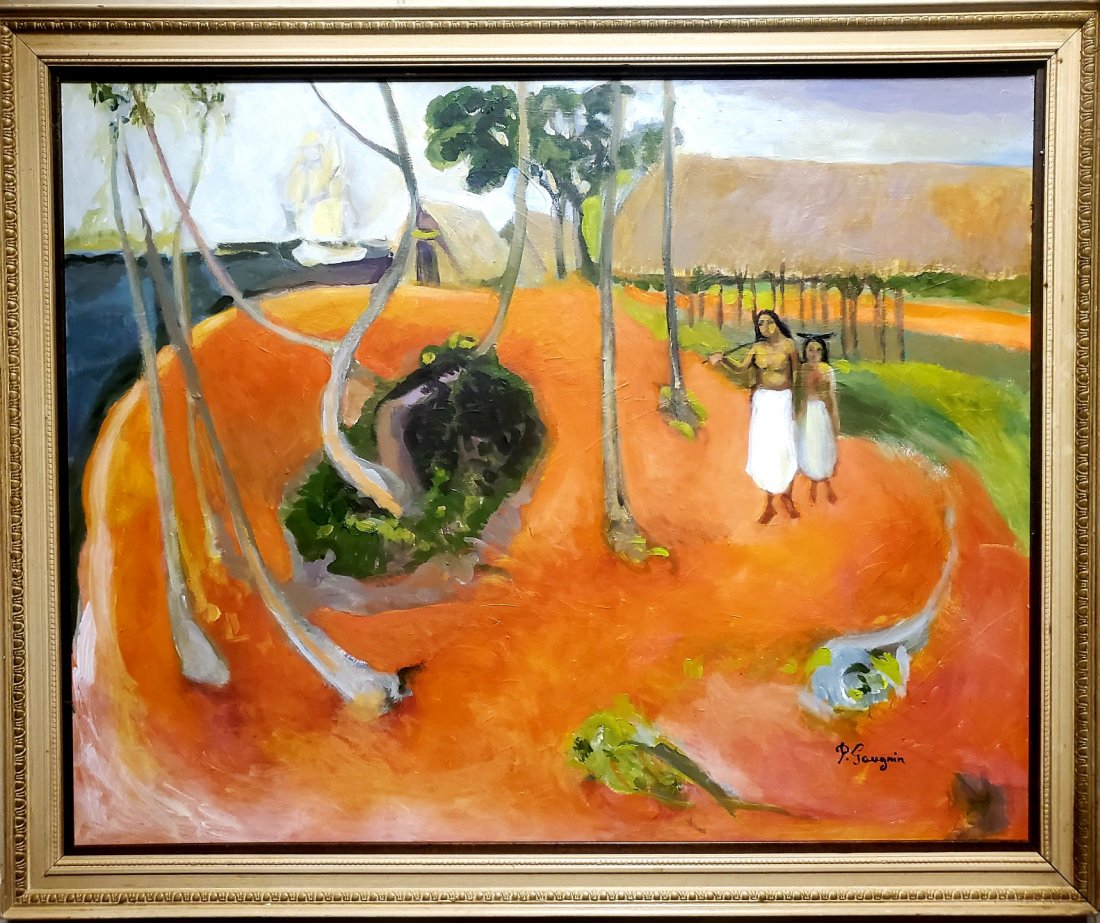 Paul Gauguin Landscape Oil on Canvas Tahiti French Art: This lot consists of a hand-painted oil on Hard board. It depicts a beautiful impressionist landscape painting in Gauguin's distinct style. In the style of: Henri Paul Gauguin (7 June 1848 - 8 May 190