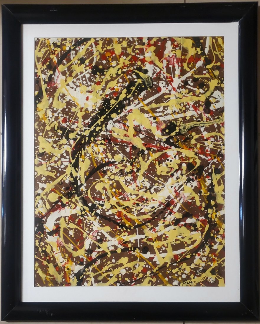 Jackson Pollock Abstract American Expressionism Art: This lot consists of a mixed media on hard paper painting. Done in the prevailing, abstract expressionist style of Jackson Pollock (American, 1912-1956). Paul Jackson Pollock was an American painter a