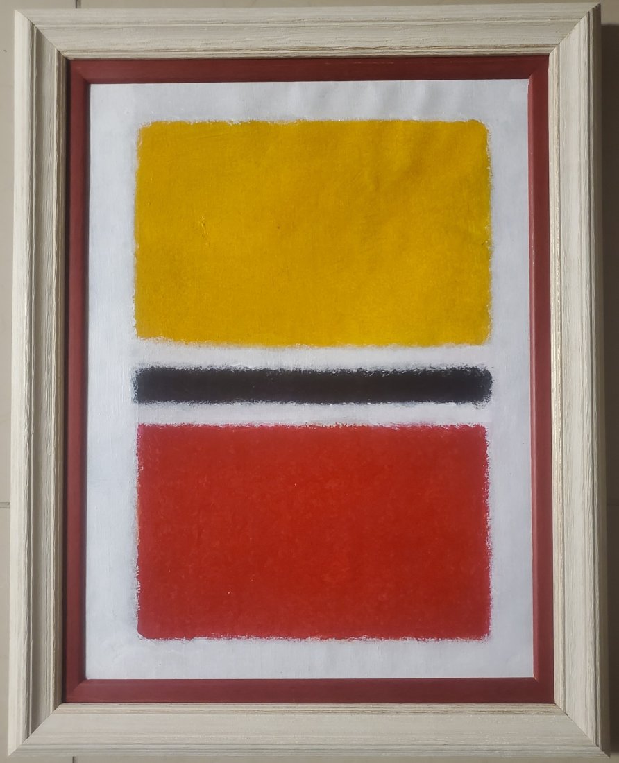 Mark Rothko American Abstract Expressionist Oil Canvas: This work consists of a hand painted oil on canvas illustration. Image depicts soft, rectangular forms floating on a stained field of color. This painting is done in the style of Mark Rothko(Russian A