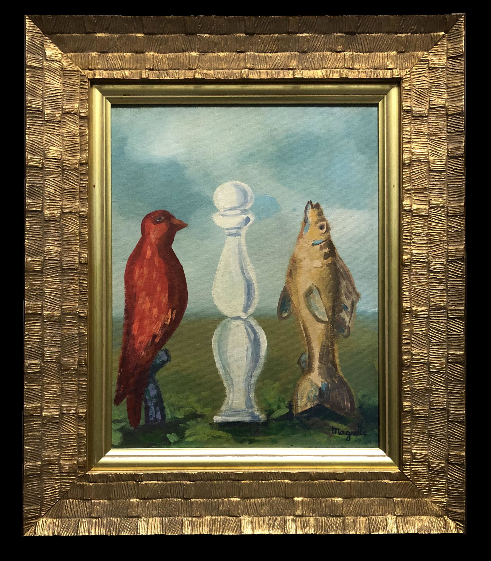 Rene Magritte Surrealist Landscape Oil Canvas Belgian: This lot consists of a hand painted oil on panel canvas surrealist landscape in the style of Rene Magritte. T Rene Franois Ghislain Magritte (21 November 1898 -15 August 1967) was a Belgian surrealist