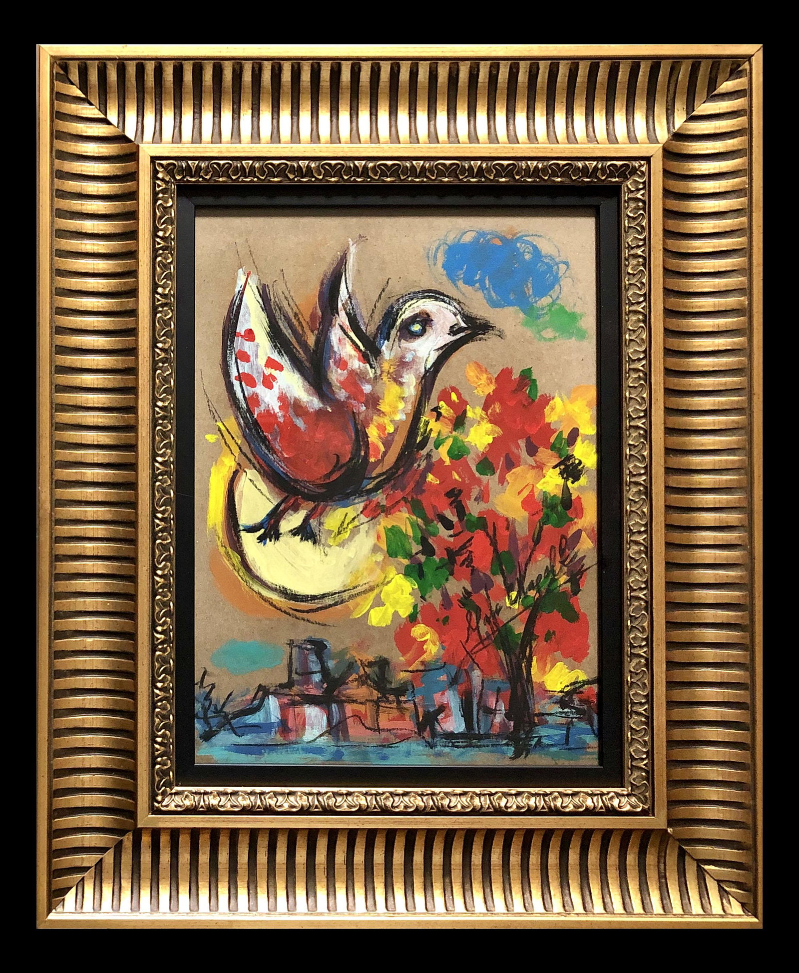 Marc Chagall Figurative Landscape French Russian: This lot consists of a hand painted mixed media on cardboard in the style of Marc Chagall. Marc Zakharovich Chagall was a Russian-French artist of Belarusian Jewish origin. An early modernist, he was 