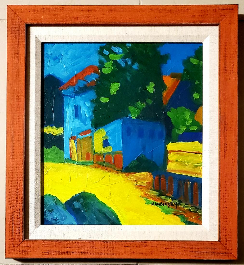 Wassily Kandinsky Abstract Russian French Landscape: This lot consists of a hand painted mixed media on board in the style of Wassily Kandinsky. The illustration depicts an abstract landscape colorful painting. Wassily Kandinsky (1866Â– 1944) was a R