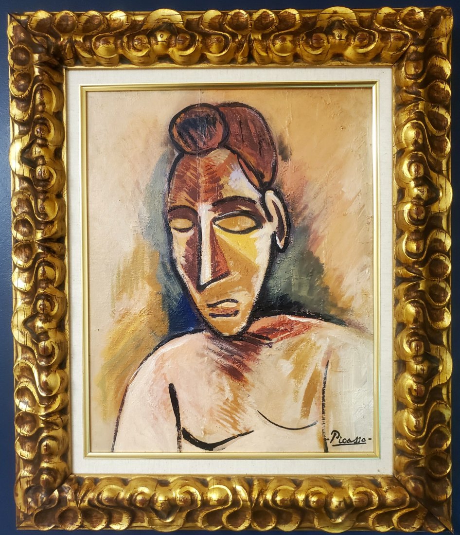 Pablo Picasso Portrait Oil Canvas Cubism Male Female: This lot consists of a hand painted oil on canvas in the style of Pablo Picasso. The illustration depicts the figure of a woman in the famous cubism style. In the painting we can see how the artist us